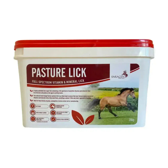 White plastic container with red lid labeled saracen pasture licks featuring pasture lick and a brown horse image