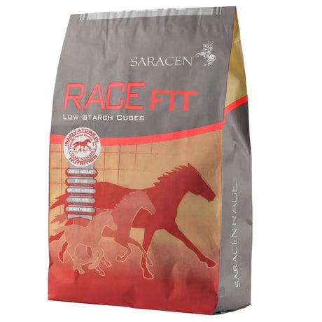 Saracen racefit cubes 20 kg bag of high quality low starch horse feed with gray red design and horse silhouettes