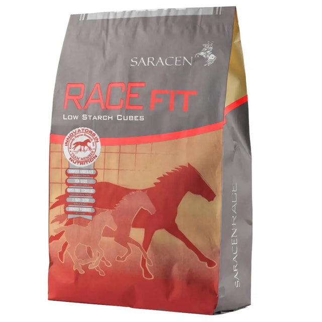Saracen racefit cubes 20 kg bag of high quality low starch horse feed with gray red design and horse silhouettes
