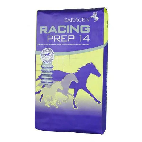Purple and yellow bag of saracen racing prep 14 horse feed with sugar beet pulp for long distance runners and active horses