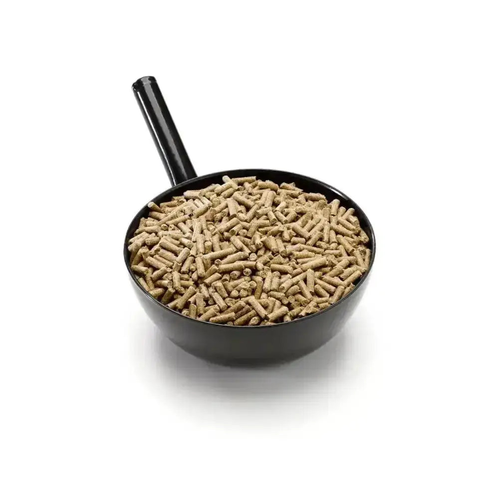 Black plastic scoop filled with brown wood pellet cereal-free feed from saracen re-coup cube for gastric ulceration