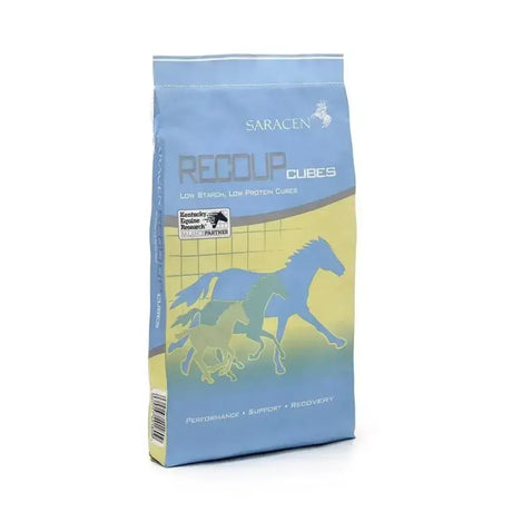Blue and yellow bag of saracen re-coup cube cereal-free feed with low starch and protein to help gastric ulceration