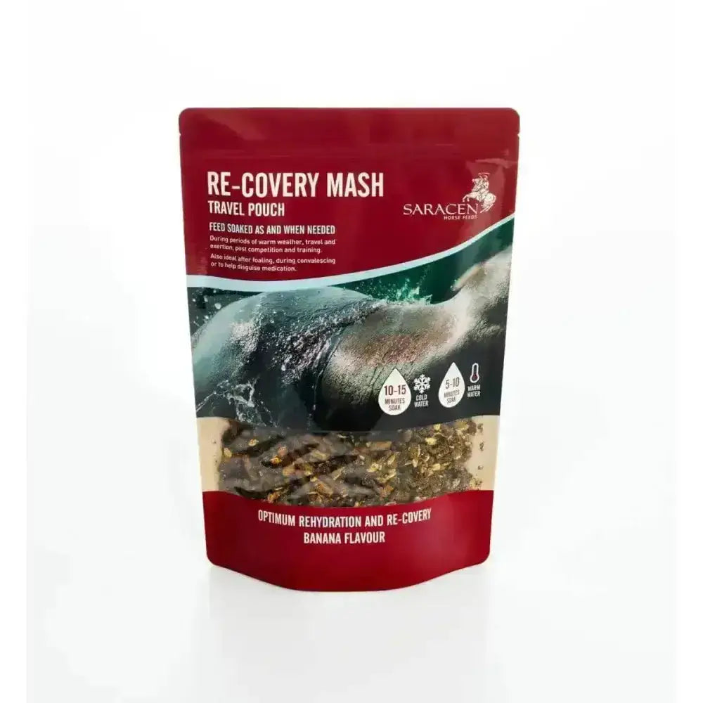 Red and green pouch of saracen re-covery mash travel pouch with banana flavor for optimum recovery horse post competition performance