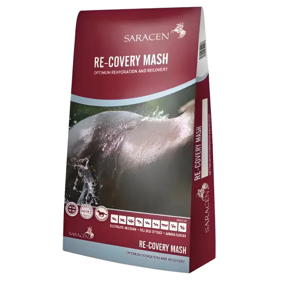 Maroon and silver packaged saracen re-covery mash horse feed bag for post competition performance and optimum recovery horse