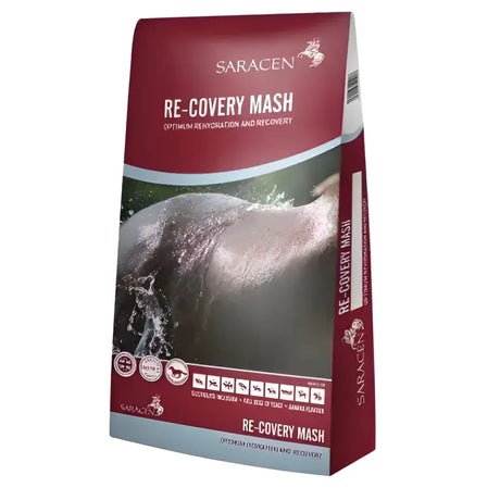 Maroon and silver packaged saracen re-covery mash horse feed bag for post competition performance and optimum recovery horse