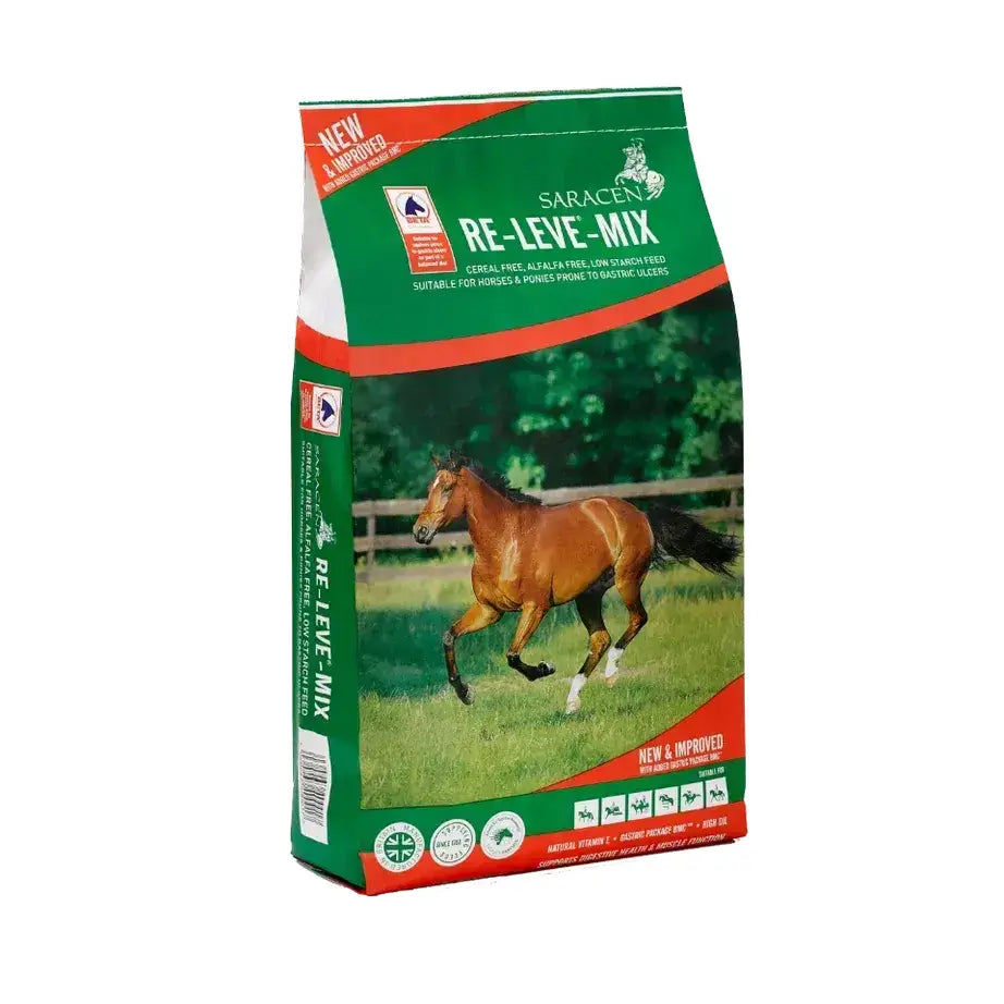 Green and red saracen re-leve mix 20 kg horse feed bag with a running brown horse on grass for equestrian use