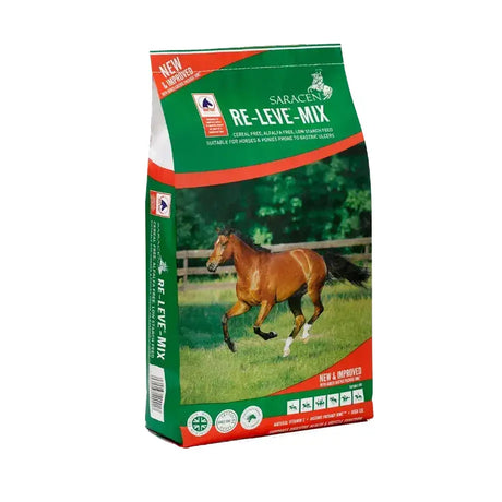 Green and red saracen re-leve mix 20 kg horse feed bag with a running brown horse on grass for equestrian use