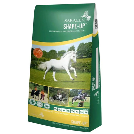 Green and yellow bag of Saracen shape up balancer mix horse feed low calorie feed for calorie controlled intake