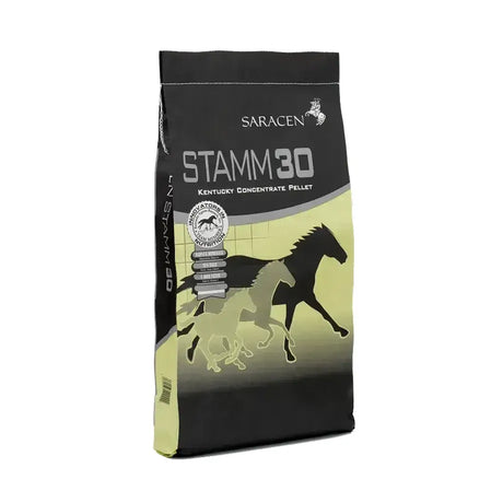Black and lime green saracen stamm 30 kentucky concentrate pellet horse feed bag with horse silhouettes for equestrian use