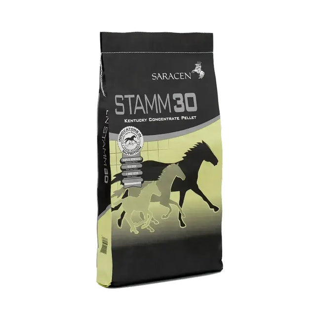Black and lime green saracen stamm 30 kentucky concentrate pellet horse feed bag with horse silhouettes for equestrian use