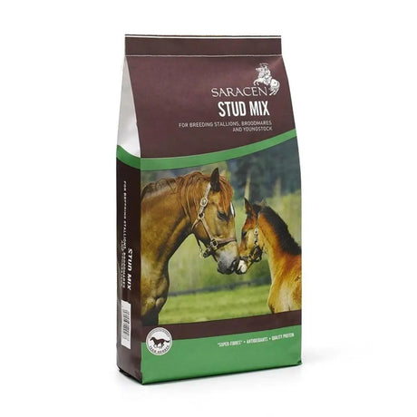 Brown and green bag of saracen stud mix horse feed with buffered mineral complex for breeding stallions and youngstock