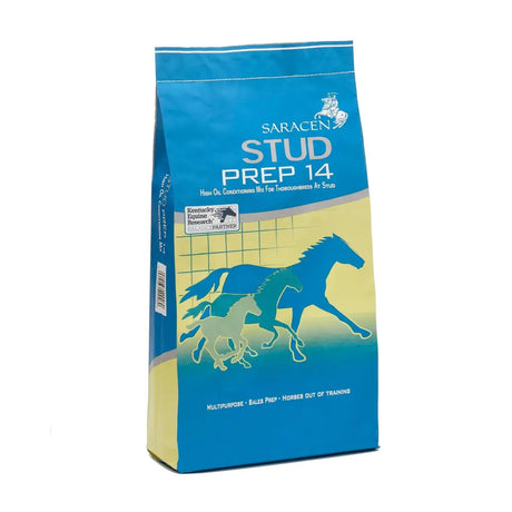 Blue and yellow bag of saracen stud prep 14 20 kg high oil conditioning mix for sales preparation and coat condition