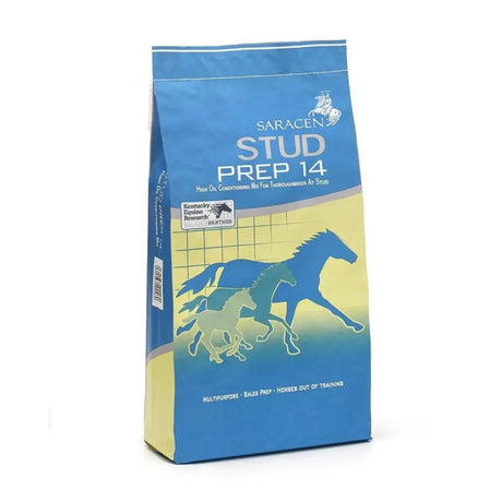 Blue and yellow bag of saracen stud prep 14 multipurpose sweetfeed with buffered mineral complex for thoroughbreds at stud