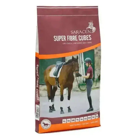 Maroon and orange bag of saracen super fibre high fibre cubes horse feed for healthy fibre cubes horse nutrition