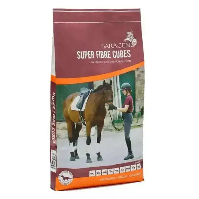 Maroon and orange bag of saracen super fibre high fibre cubes horse feed for healthy fibre cubes horse nutrition