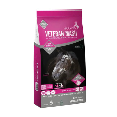 Pink and black saracen veteran mash horse feed bag with dark horse portrait offering malted flavour and nutritional support