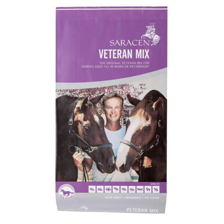 Purple and white bag of saracen veteran mix highly digestible mix designed specifically for horses aged 16+ in work or retirement