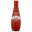 A red plastic bottle of sarsons malt vinegar with a matching red cap and white labeling for cooking use