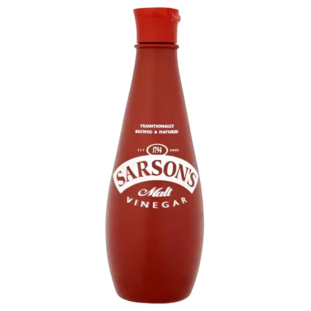 A red plastic bottle of sarsons malt vinegar with a matching red cap and white labeling for cooking use