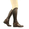 Brown leather saxon equileather half chaps with glossy finish and black side panels durable chaps for adults
