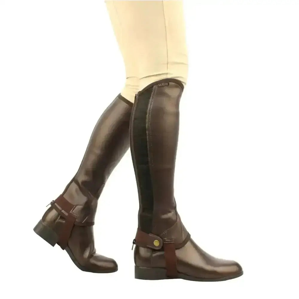 Brown leather saxon equileather half chaps with glossy finish and black side panels durable chaps for adults