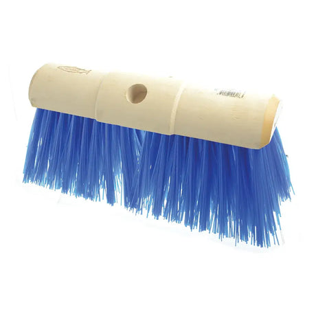 Blue plastic bristle hardwearing yard broom head with light wooden handle from scavenger yard broom series