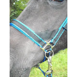 Blue and black woven scawbrig bitless bridle with silver cheek pieces and metal hardware for small pony use