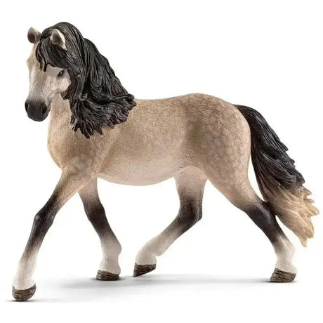 A detailed plastic model of a light tan schleich andalusian mare with a long flowing black mane and tail