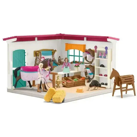 White and pink plastic schleich farm shop playset with green door orange curtains wooden furniture and miniature horses