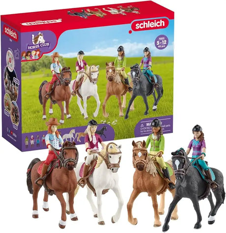 Schleich horse club set featuring four detailed plastic horse and rider figures in brown, white, and black with realistic tack and colorful riding attire.