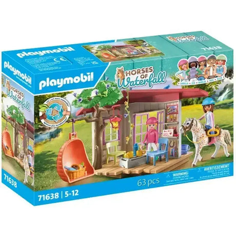 Schleich horses waterfall set with bio-based materials features a secret hideaway treehouse with red roof orange swing and blue chairs