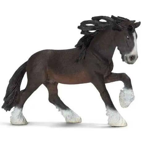 A detailed dark brown plastic schleich shire stallion model with white face and leg markings for collectors