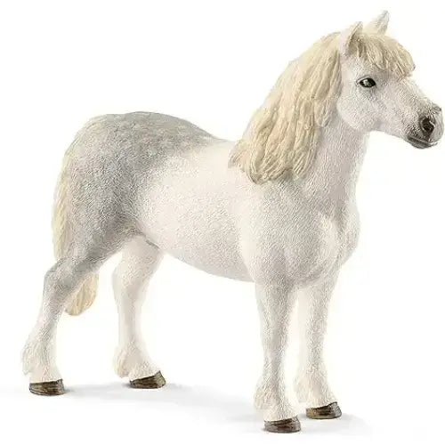 Detailed white and gray schleich welsh pony stallion plastic model with long blonde mane and dark hooves