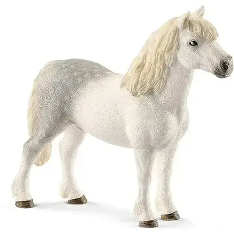 Detailed white and gray schleich welsh pony stallion plastic model with long blonde mane and dark hooves