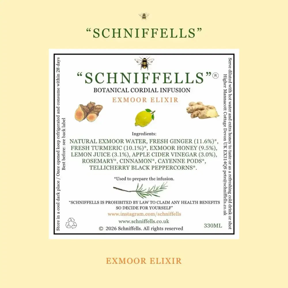A 330ml bottle of schniffells botanical cordial infusion drink with a pale yellow label featuring ginger and lemon illustrations