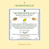A 330ml bottle of schniffells botanical cordial infusion drink with a pale yellow label featuring ginger and lemon illustrations