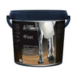 Dark blue plastic bucket of science supplements 4feet horse hoof supplements with black label showing white horse leg for hoof horn care