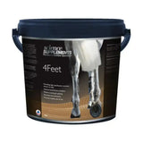 Dark blue plastic bucket of science supplements 4feet with black label and horse leg image for horse hoof supplements and hoof horn