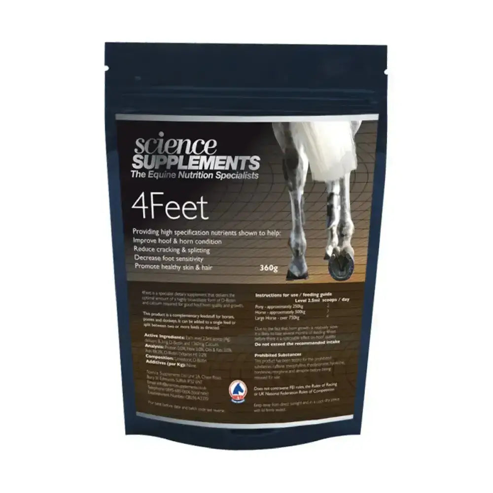 Dark blue resealable pouch of science supplements 4feet horse hoof supplements for improving hoof horn health