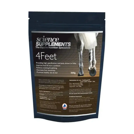 Dark blue resealable pouch of science supplements 4feet horse hoof supplements for improving hoof horn health