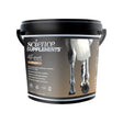 Black plastic bucket with handle labeled science supplements 4feet plus ultra-high specification hoof care for horses