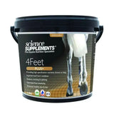 Black plastic bucket with lid and handles labeled science supplements 4feet plus ultra-high specification hoof care