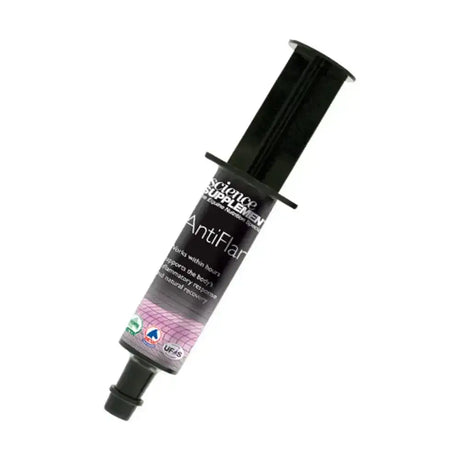 Black syringe style supplement tube labeled antiflare with purple pink gradient from science supplements antiflam high concentration formula
