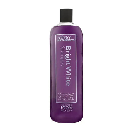 Purple plastic bottle of science supplements bright white shampoo premium whitening shampoo for horses