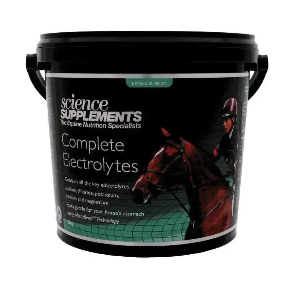Black plastic bucket with handles labeled science supplements complete electrolytes for horses fully balanced electrolyte