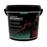 Black plastic bucket with handles labeled science supplements complete electrolytes for horses fully balanced electrolyte
