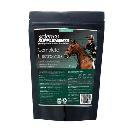 Black pouch of science supplements complete electrolytes with a green label featuring a jockey and horse image