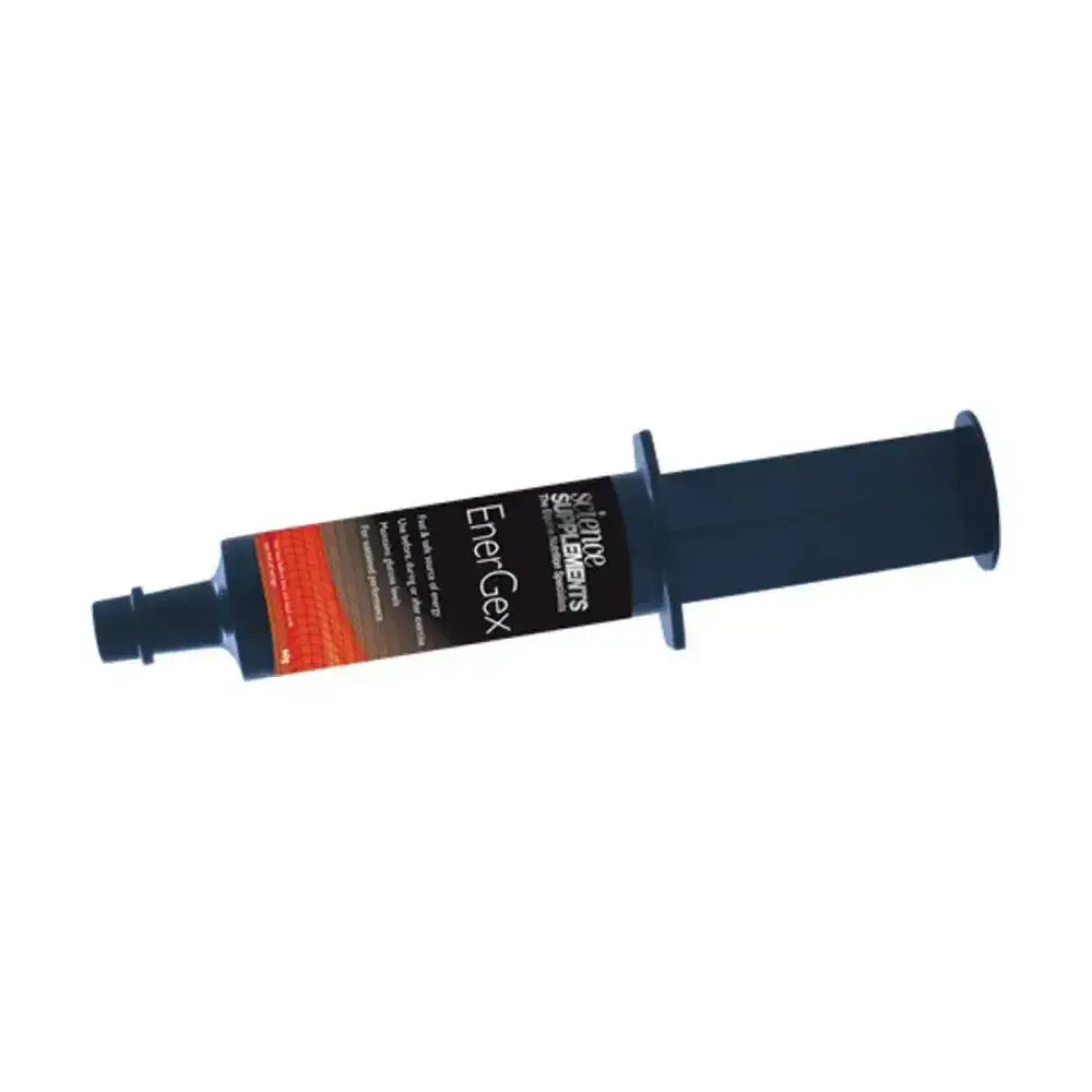 Dark blue syringe-style tube of science supplements energex by simply supplements to support energy delivery for horses