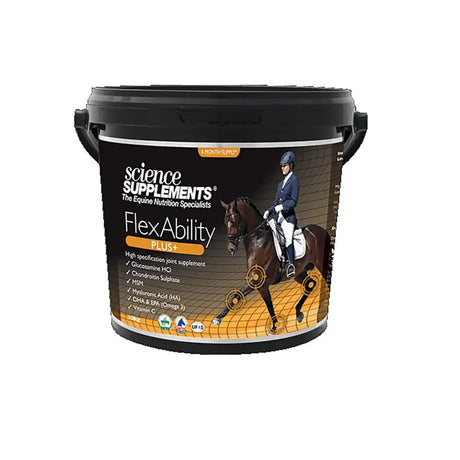 Black plastic bucket of science supplements flexability plus equine joint supplement with label showing rider and horse