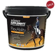 Black plastic bucket of science supplements flexability plus equine joint supplement with equestrian rider label